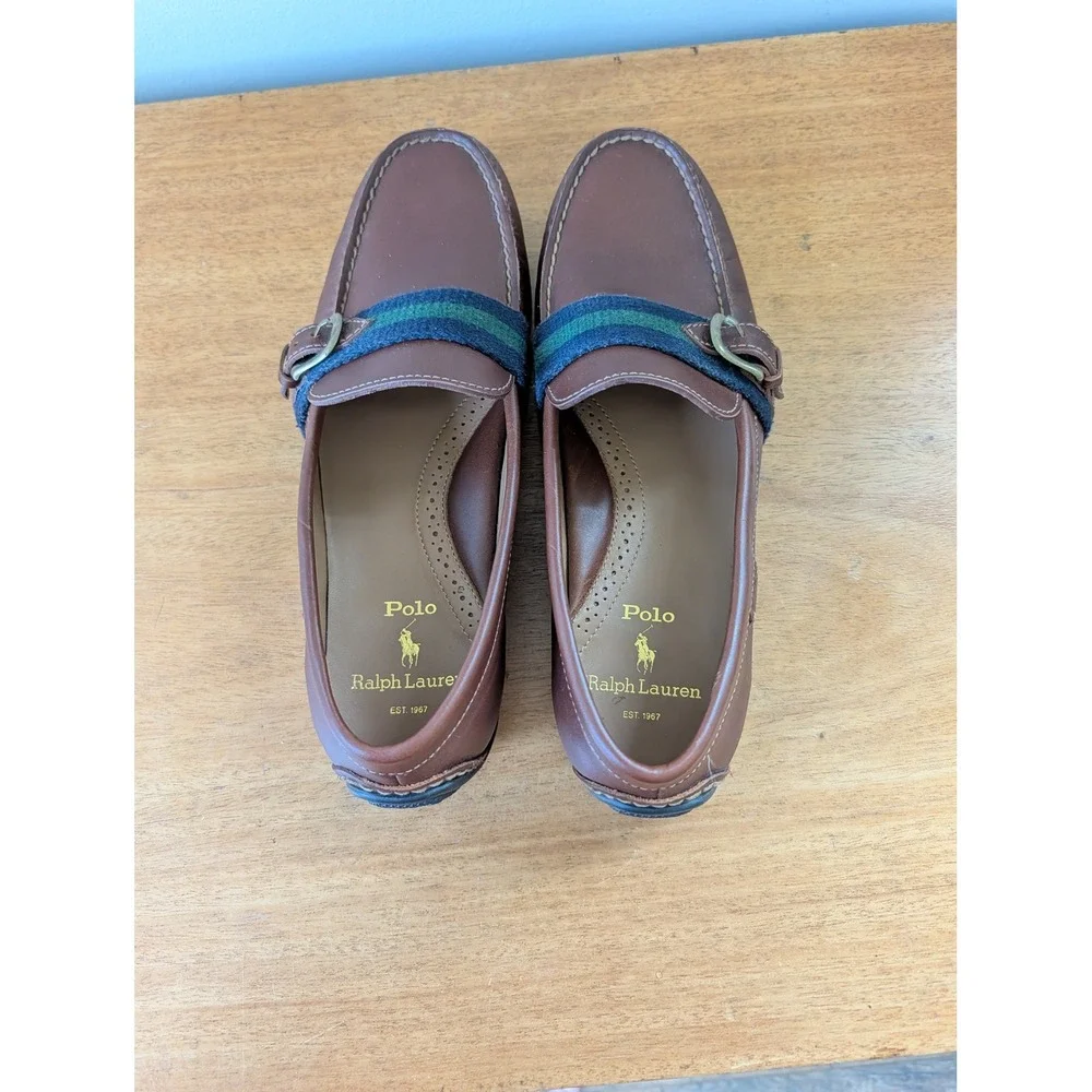 Polo Ralph Lauren Riali Leather Driving Loafers Men's 8D Brown Striped Buckle